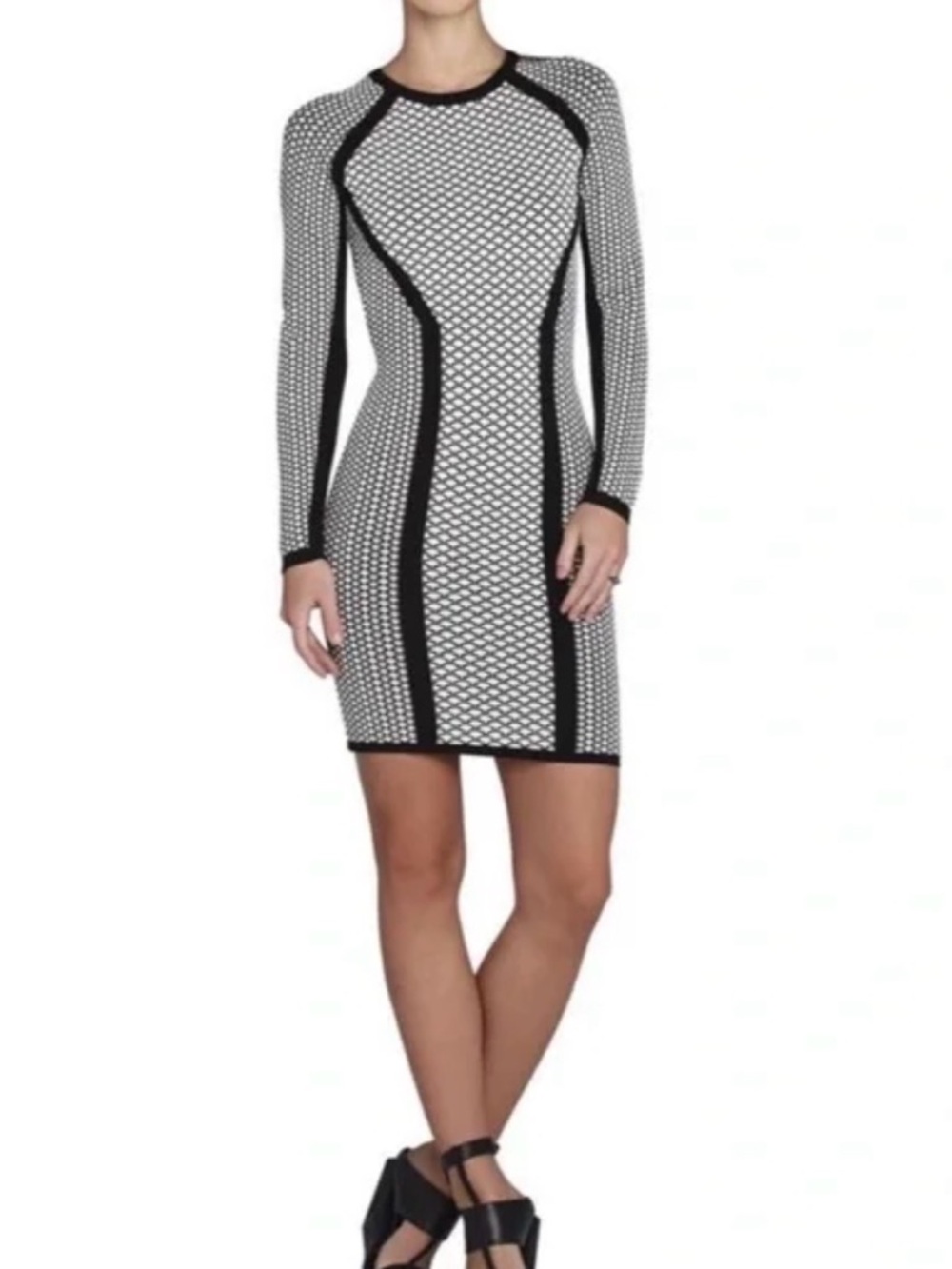 BCBG Max Azria Black White Geometric Jacquard Bodycon Mini Dress M NWT